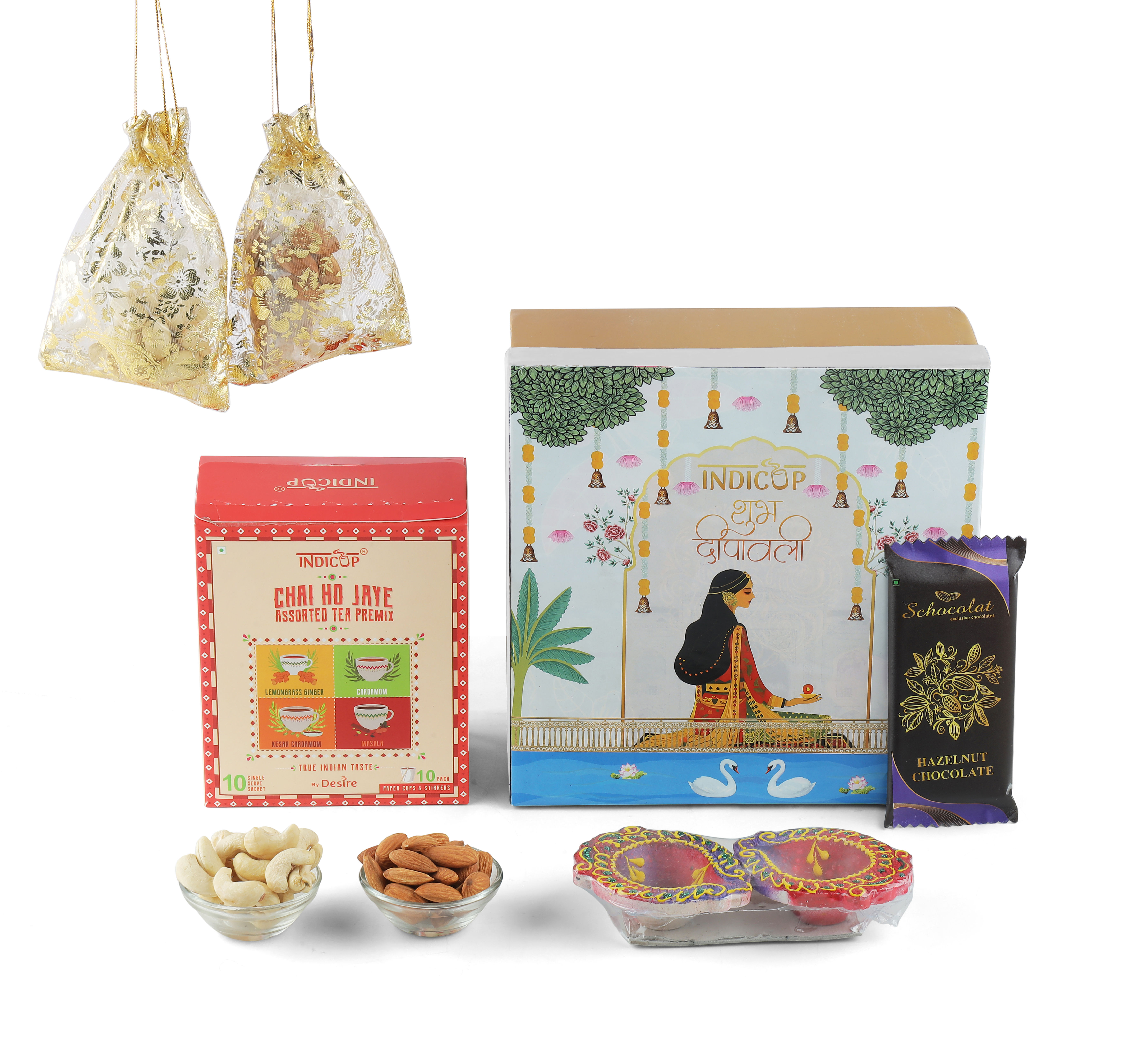 INDICUP Luxurious Diwali Gift Hamper - Premium Nuts, Assorted Tea Premix, Traditional Diyas & Chocolate - Perfect for Family and Friends, 500 gm