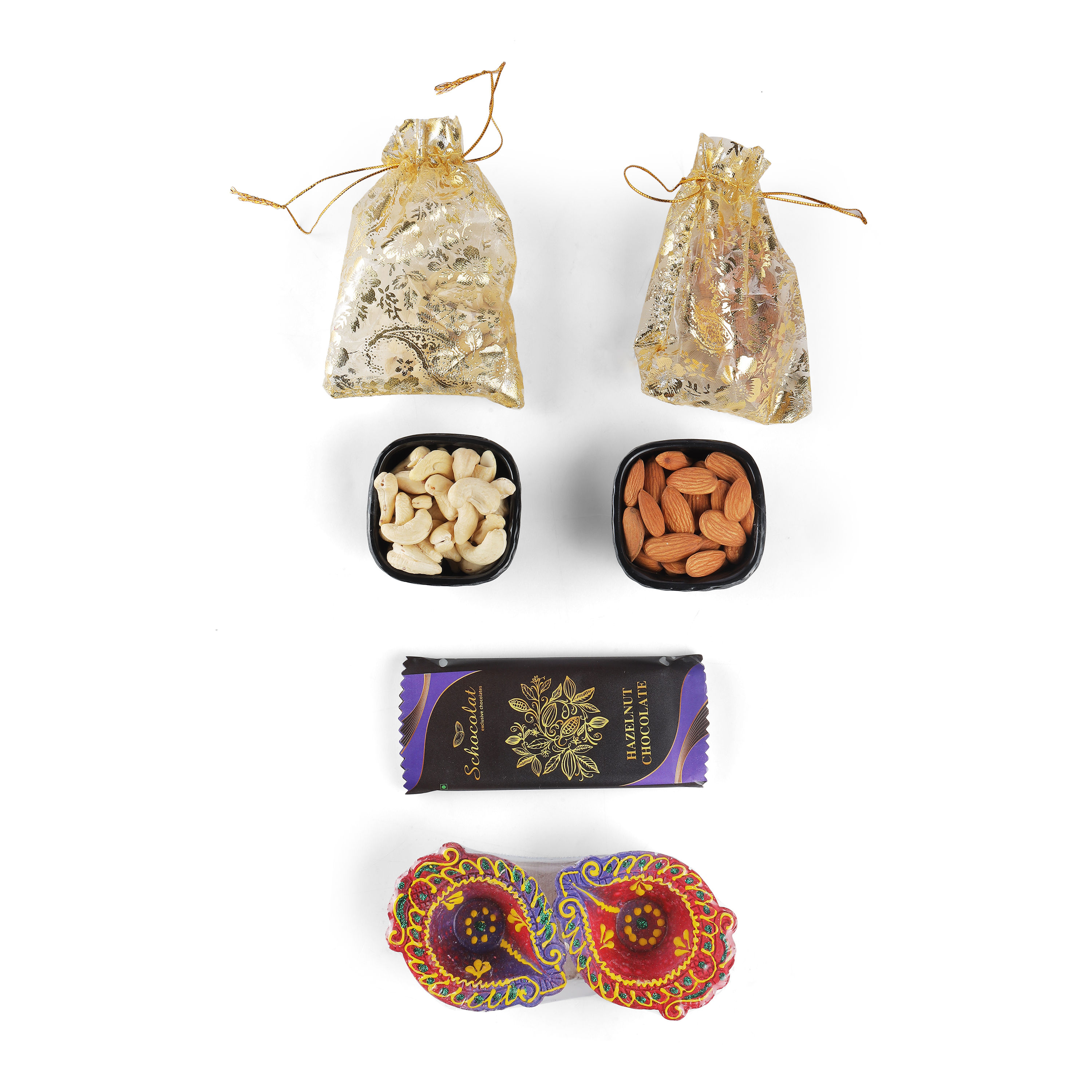 INDICUP Luxurious Diwali Gift Hamper - Premium Nuts, Assorted Tea Premix, Traditional Diyas & Chocolate - Perfect for Family and Friends, 500 gm