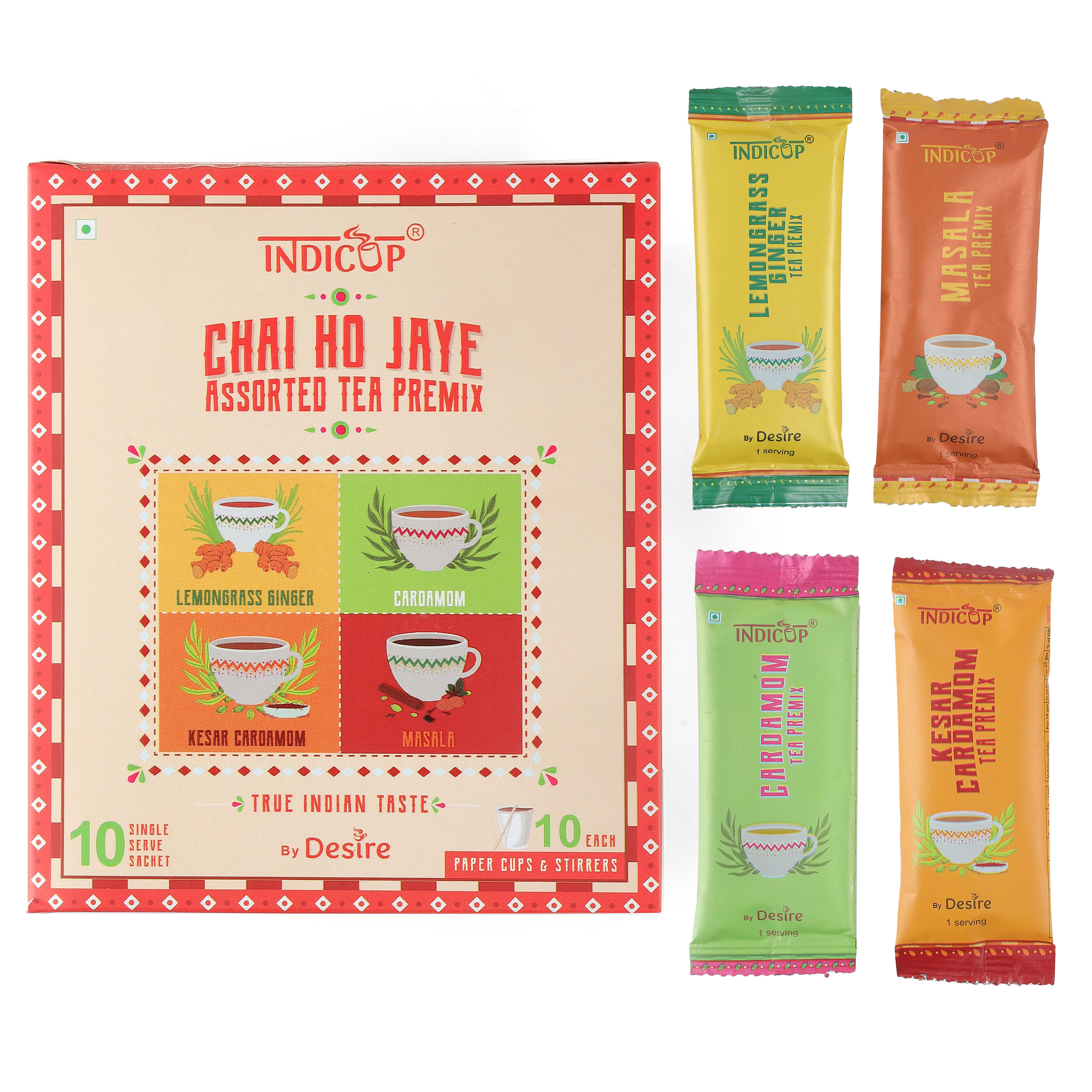 INDICUP Instant Tea Premix Sachets Assorted Flavors Cardamom, Lemongrass Ginger, Masala Chai & Kesar Cardamom Premix, 140 gm - 10 Sachets