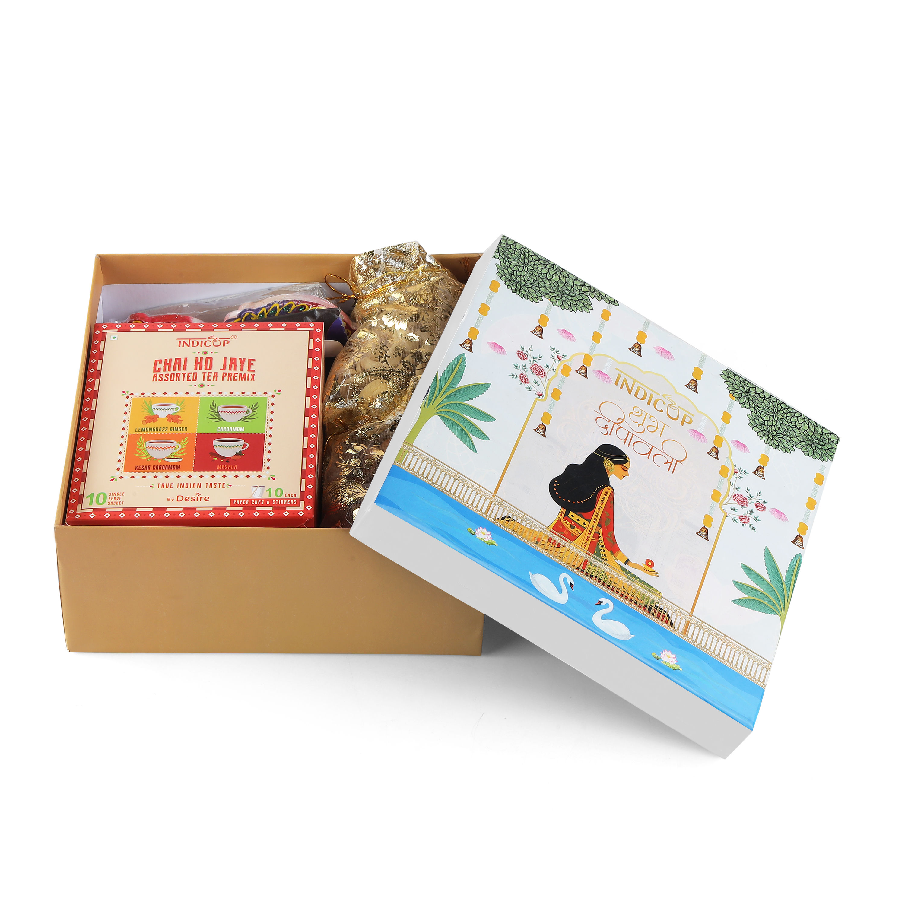 INDICUP Luxurious Diwali Gift Hamper - Premium Nuts, Assorted Tea Premix, Traditional Diyas & Chocolate - Perfect for Family and Friends, 500 gm