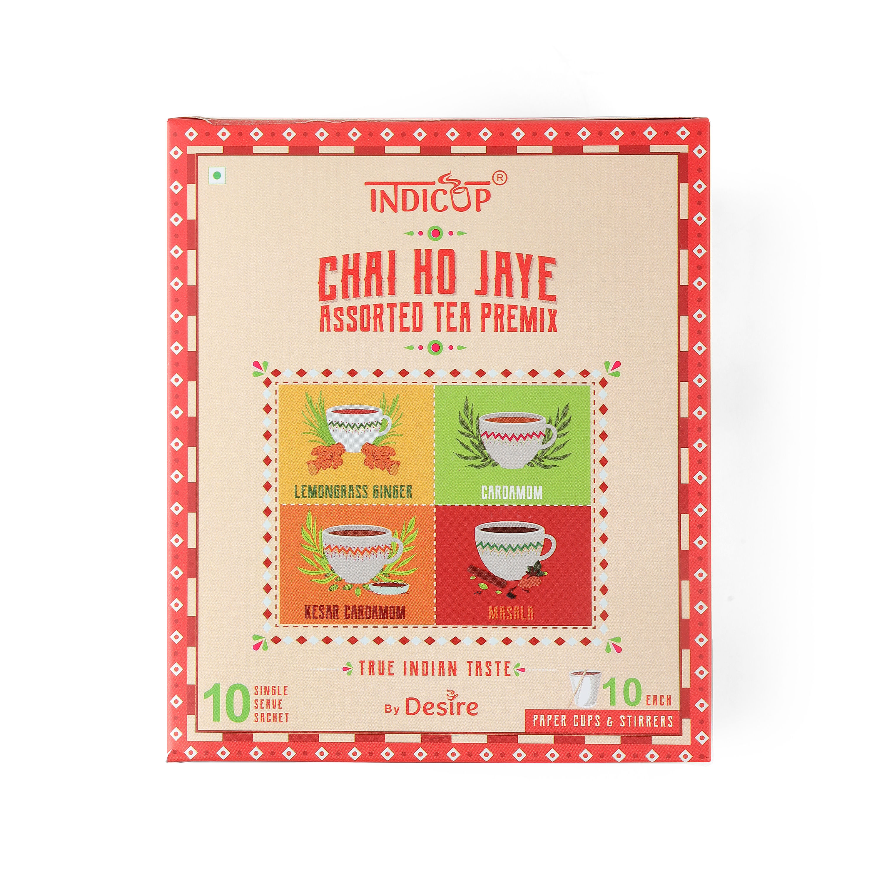 INDICUP Instant Tea Premix Sachets Assorted Flavors Cardamom, Lemongrass Ginger, Masala Chai & Kesar Cardamom Premix, 140 gm - 10 Sachets