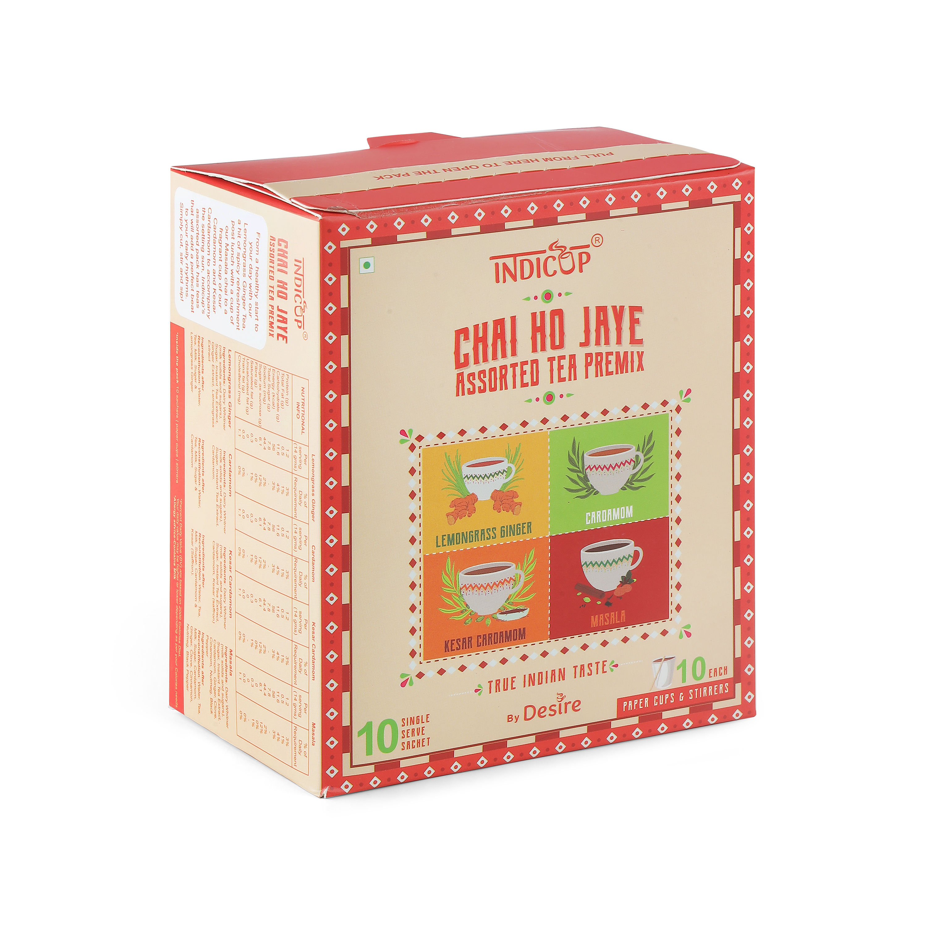 INDICUP Instant Tea Premix Sachets Assorted Flavors Cardamom, Lemongrass Ginger, Masala Chai & Kesar Cardamom Premix, 140 gm - 10 Sachets
