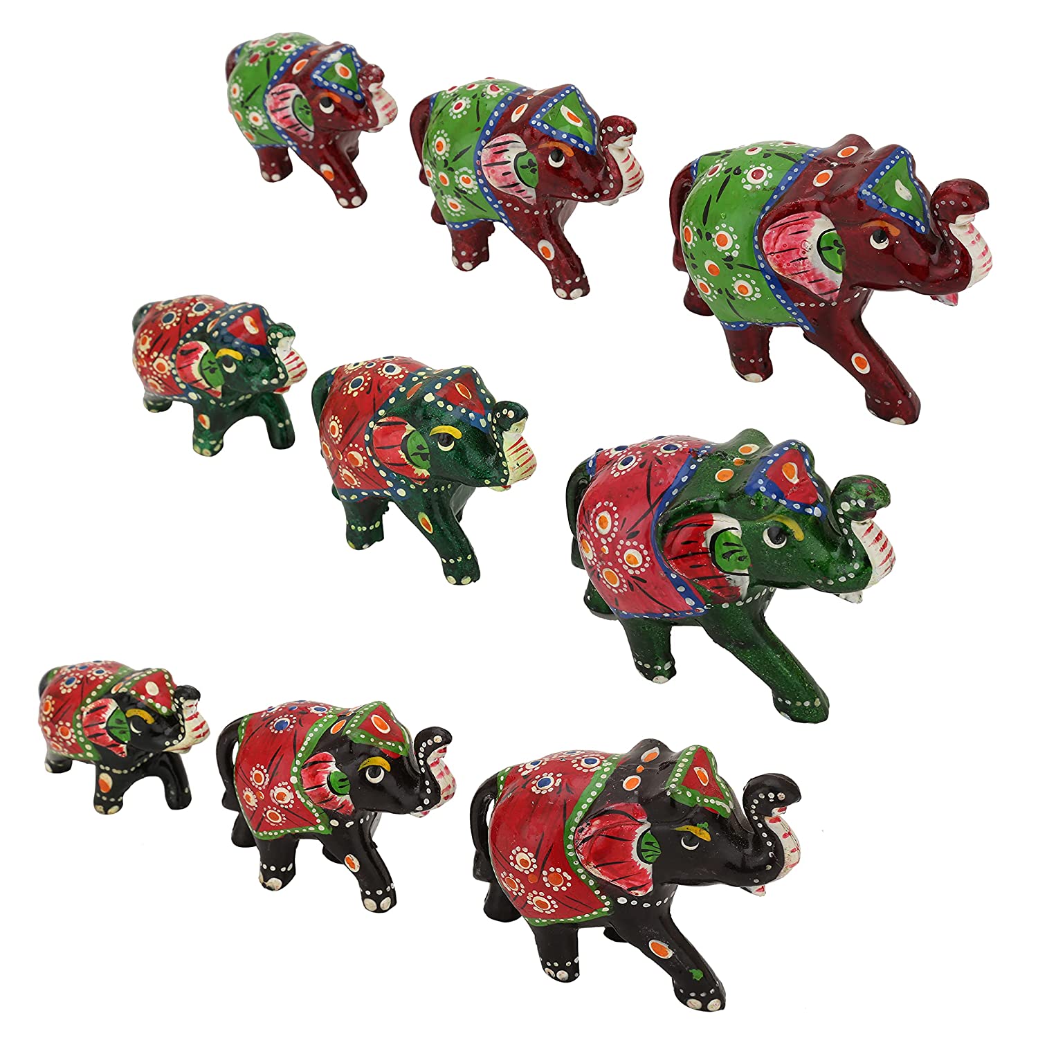 DreamKraft Paper Mache Handcrafted Elephant Showpiece Figurine (Pack of 9, Black-Green-Red)