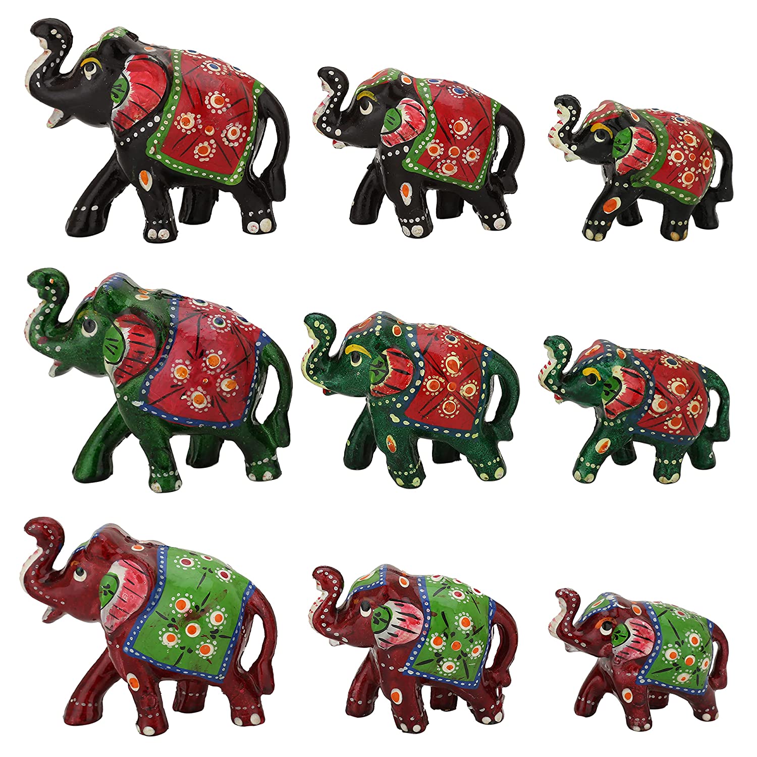 DreamKraft Paper Mache Handcrafted Elephant Showpiece Figurine (Pack of 9, Black-Green-Red)