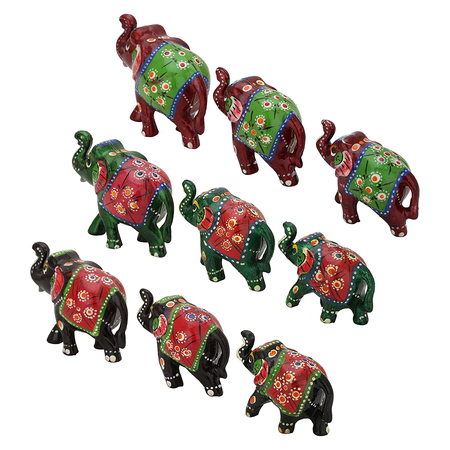 DreamKraft Paper Mache Handcrafted Elephant Showpiece Figurine (Pack of 9, Black-Green-Red)