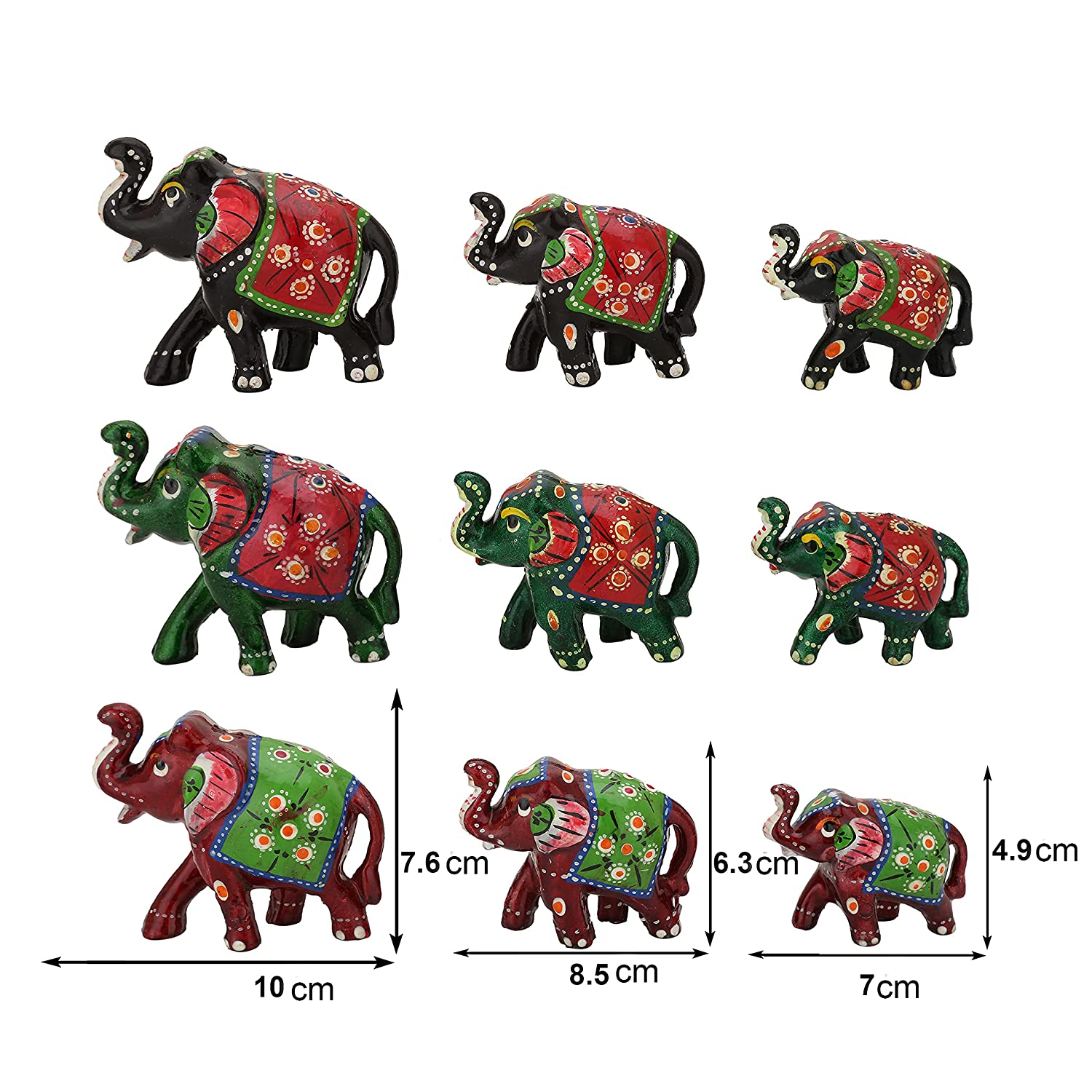 DreamKraft Paper Mache Handcrafted Elephant Showpiece Figurine (Pack of 9, Black-Green-Red)