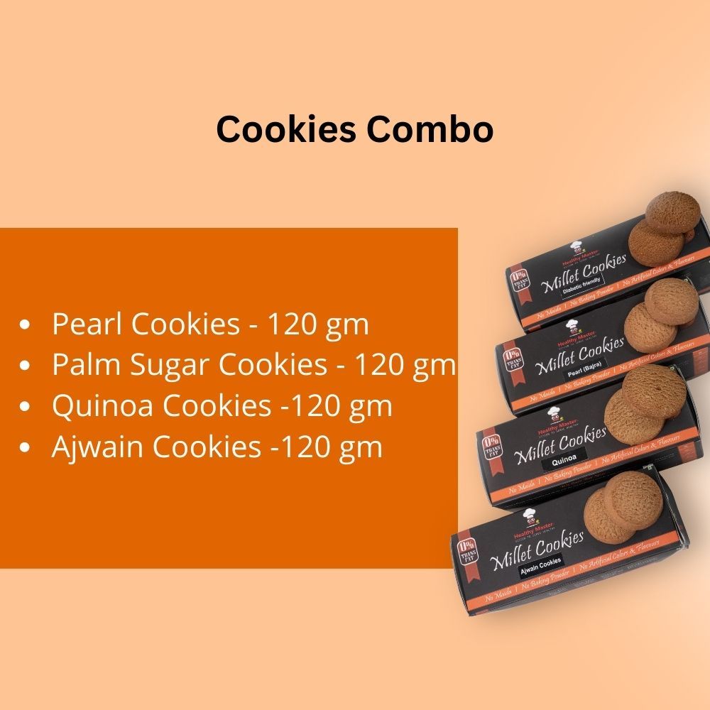 Healthy Master Crunchy Cookies Combo (Palm Suger Cookies, Pearl Cookies, Quinoa Cookies, Ajwain Cookies), 120 gm Each - Pack of 4