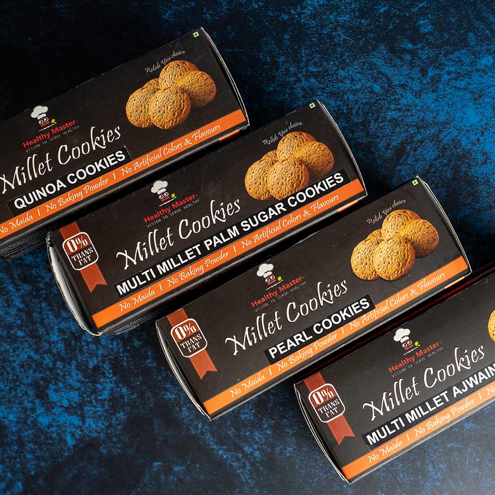 Healthy Master Crunchy Cookies Combo (Palm Suger Cookies, Pearl Cookies, Quinoa Cookies, Ajwain Cookies), 120 gm Each - Pack of 4