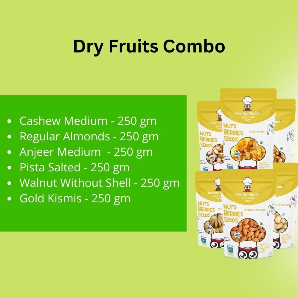 Healthy Master Dry Fruit Combo (Banyan GRP Cashew Med 200 gm, Regular Almond 200 gm, Afghanie Anjeer 250 gm, California Pista 200 gm, Walnut Giri 250 gm, Indian Gold Kismis, 200 gm) - Pack of 6