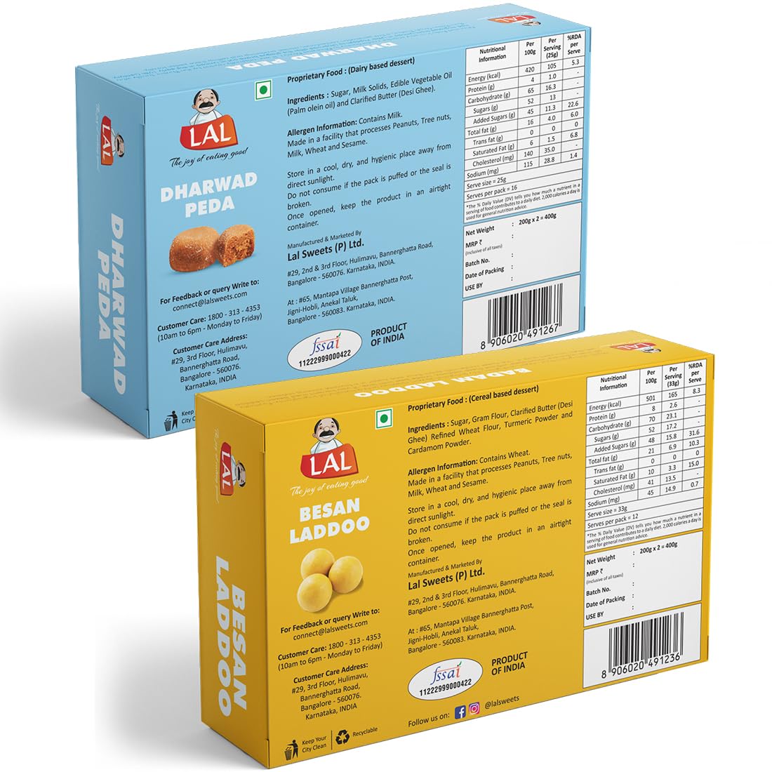 Lal Sweets  Dharwad Peda & Besan Laddoo, 400 gm Each - Combo Pack