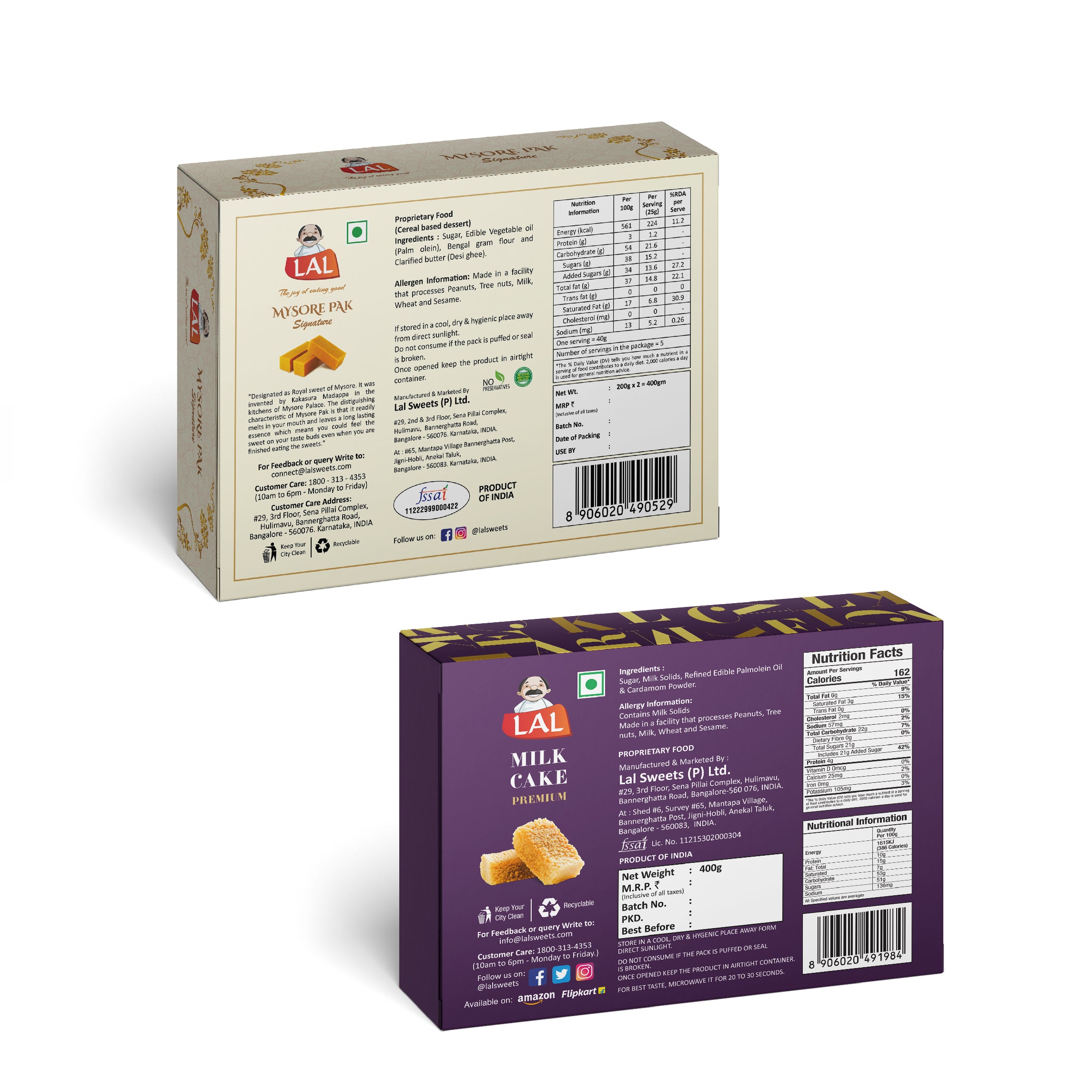 Lal Sweets  Mysore Pak Signature & Milk Cake, 400 gm Each - Combo Pack