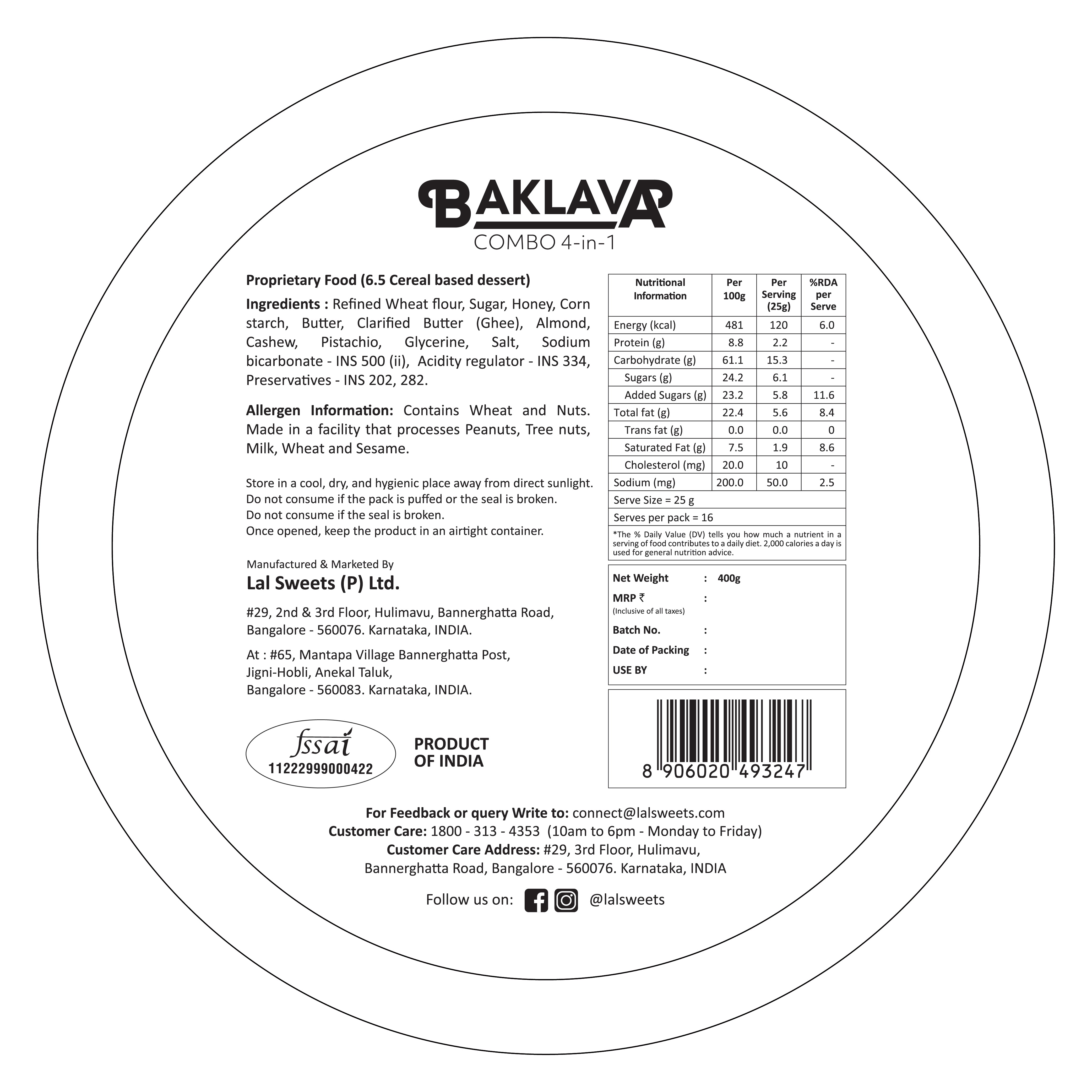 Lal Sweets Baklava Tin 4-In-1, 400 gm