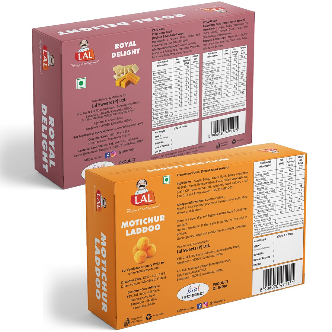 Lal Sweets  Royal Delight & Motichur Laddoo, 400 gm Each - Combo Pack