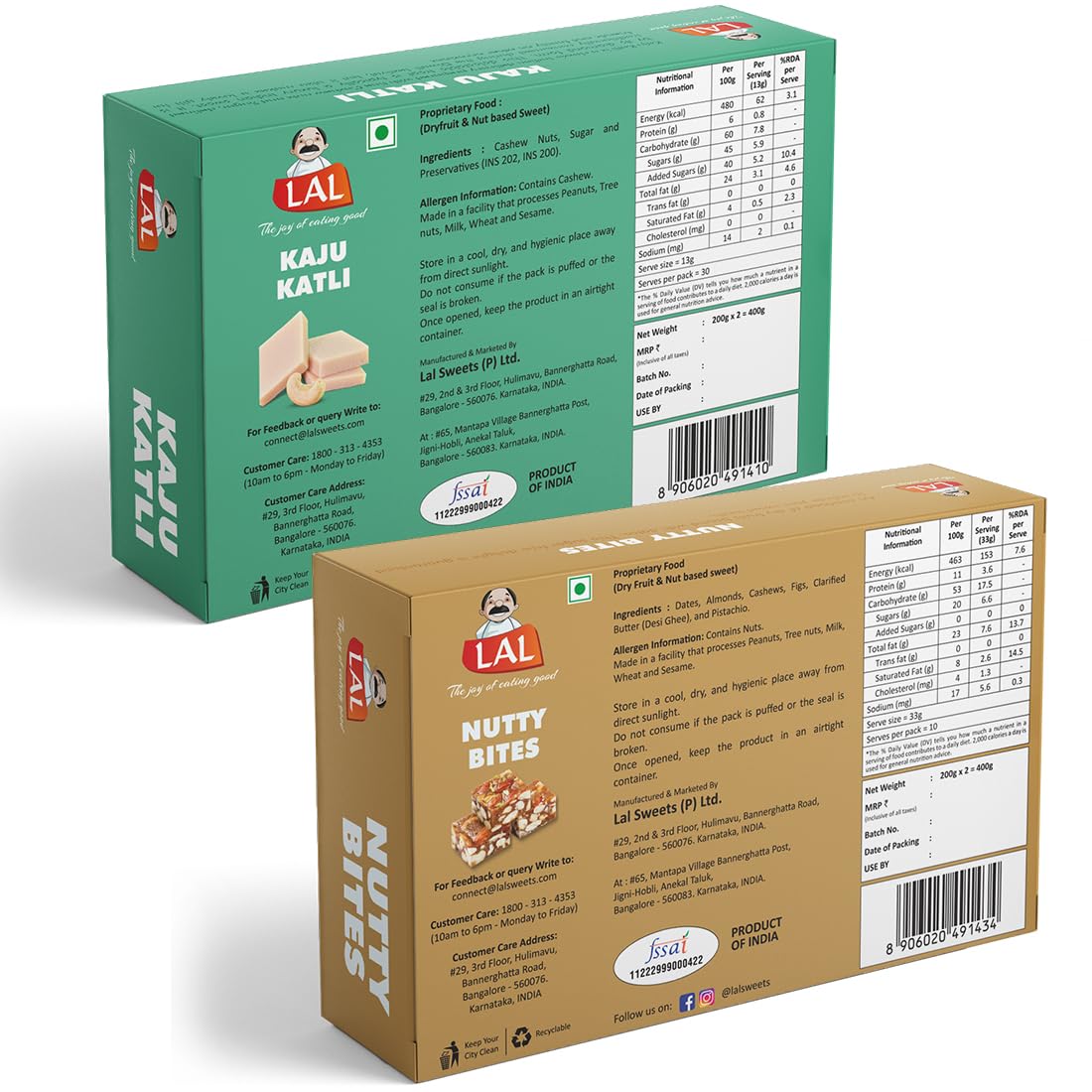 Lal Sweets  Kaju Katli & Sugarless Nutty Bites, 400 gm Each - Combo Pack