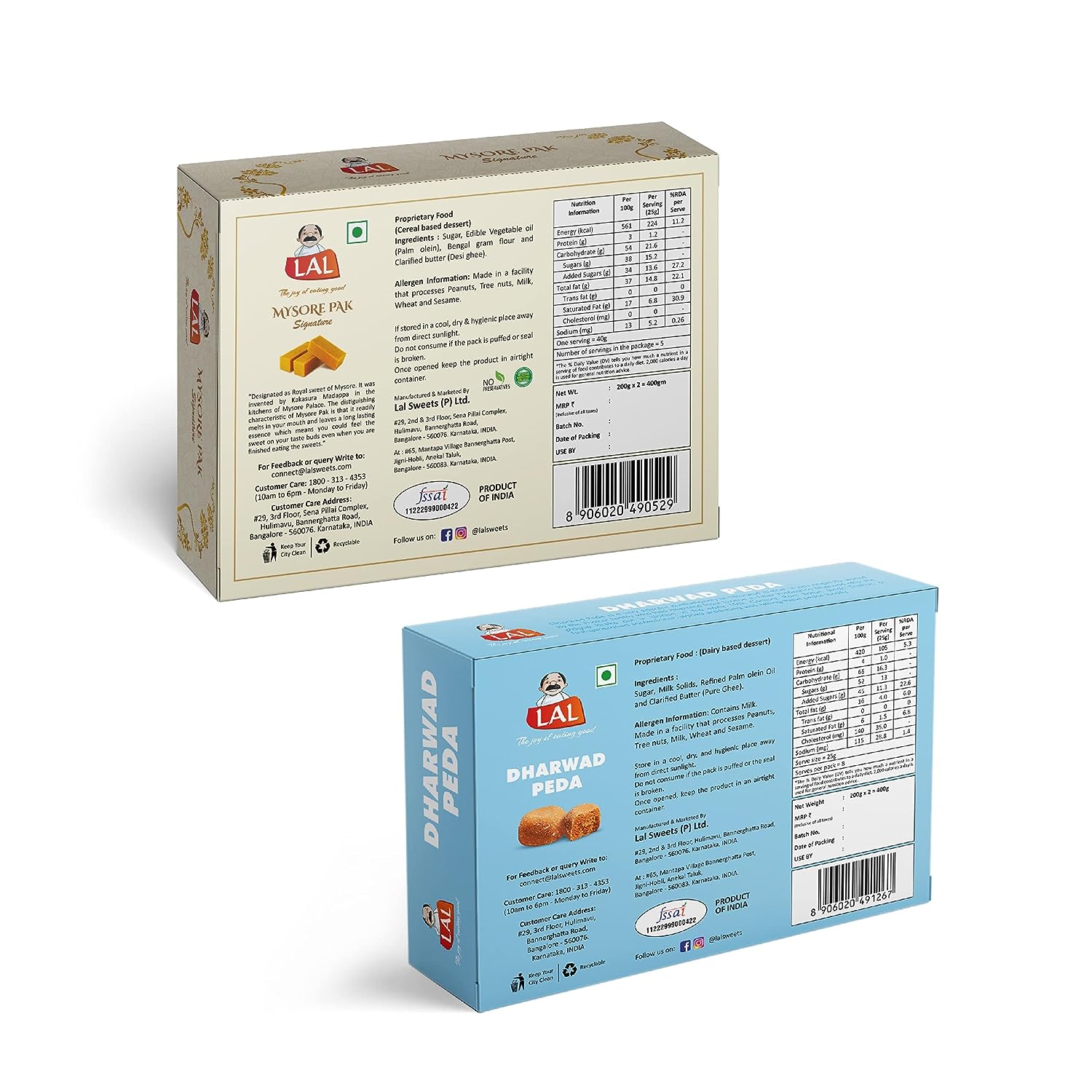 Lal Sweets  Mysore Pak Signature & Dharwad Peda, 400 gm Each - Combo Pack