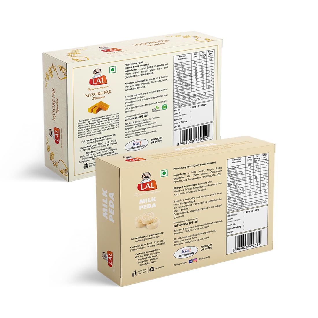 Lal Sweets  Mysore Pak & Milk Peda, 400 gm Each - Combo Pack