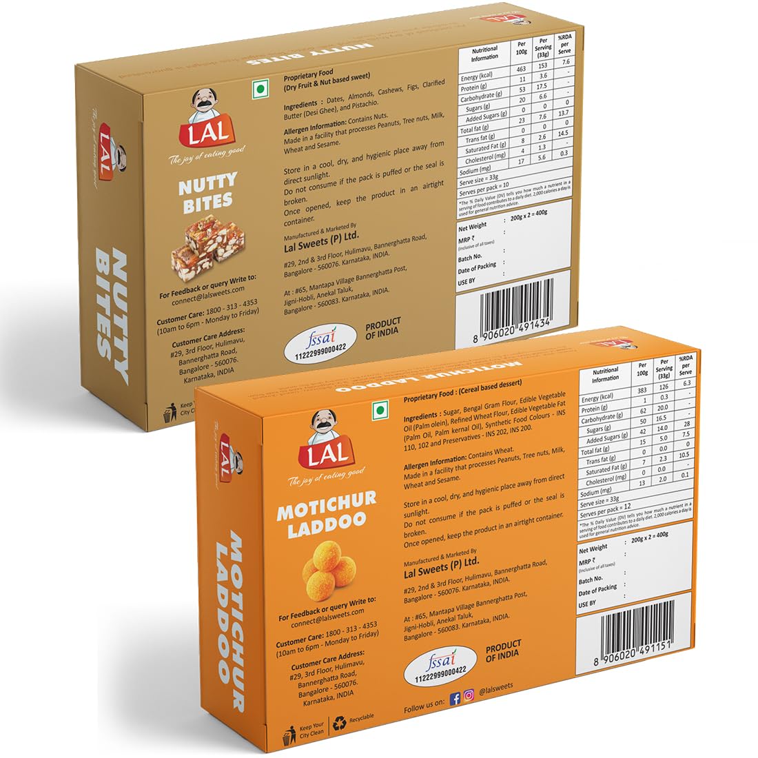 Lal Sweets  Motichur Laddoo & Sugarless Nutty Bites, 400 gm Each - Combo Pack
