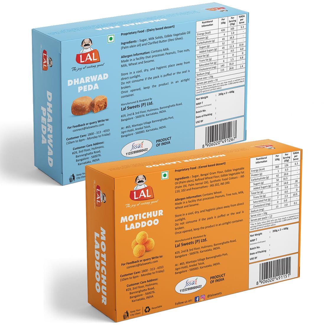 Lal Sweets  Dharwad Peda & Motichur Laddoo, 400 gm Each - Combo Pack