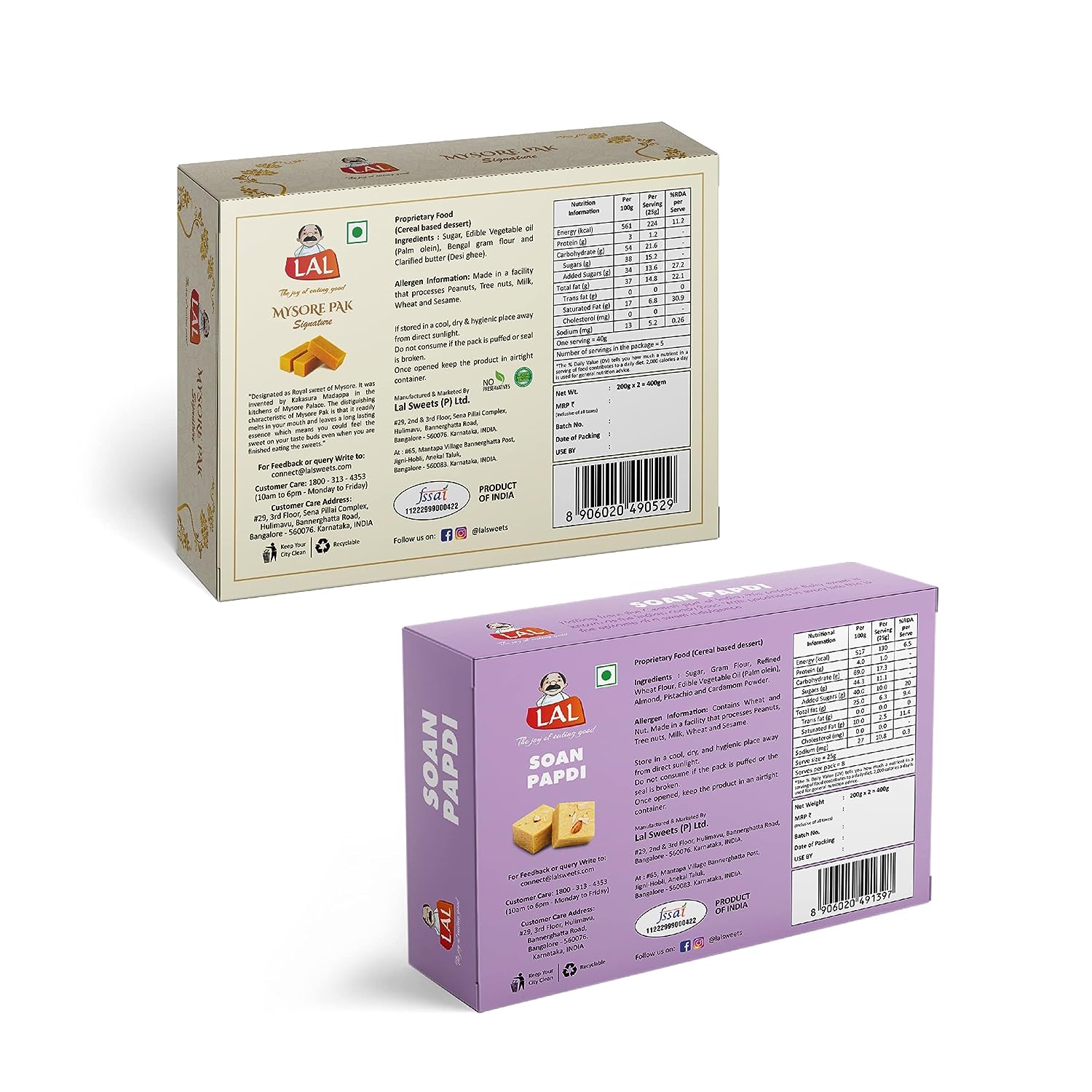 Lal Sweets Mysore Pak Signature & Soan Papdi Premium, 400 gm Each - Combo Pack
