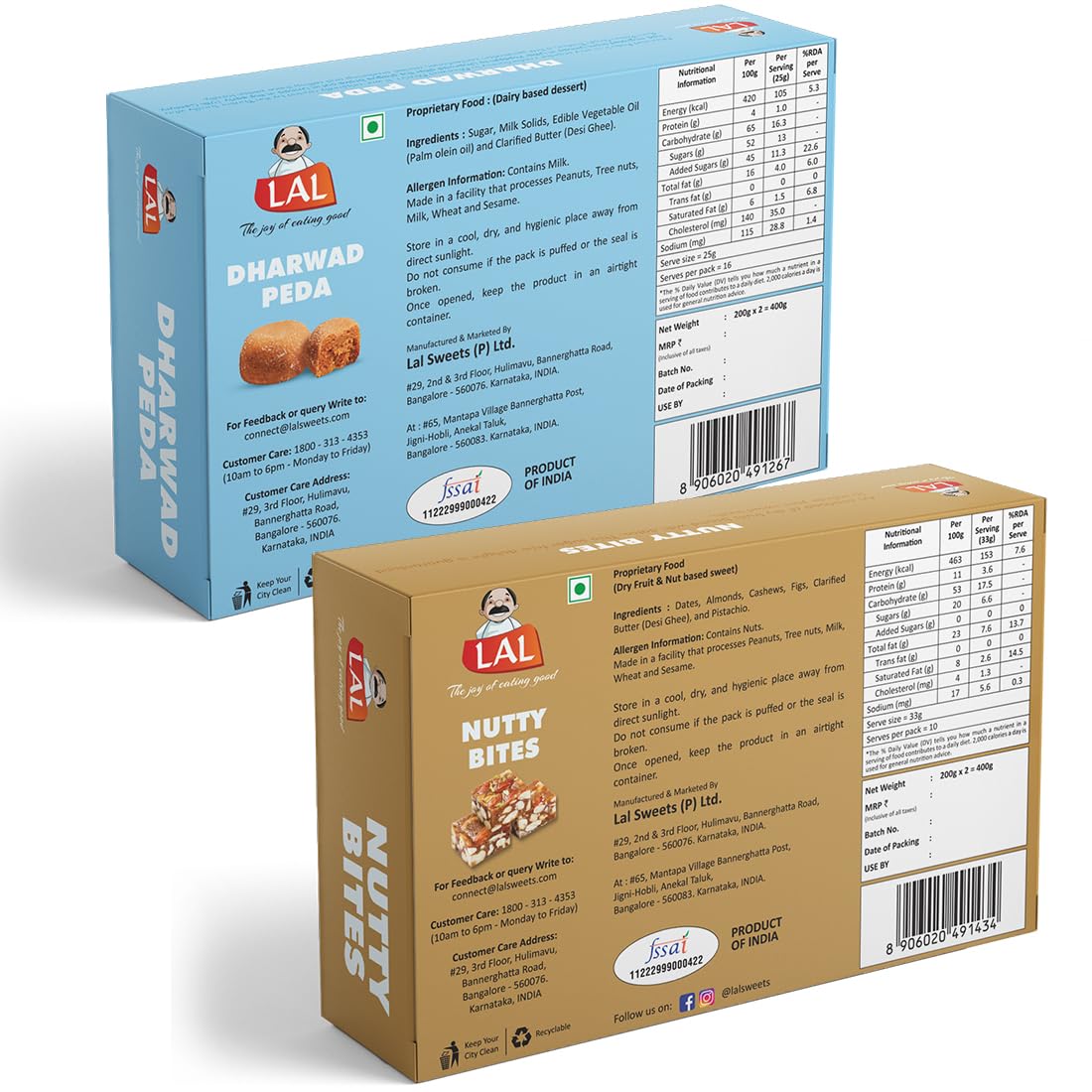 Lal Sweets  Dharwad Peda & Sugarless Nutty Bites, 400 gm Each - Combo Pack