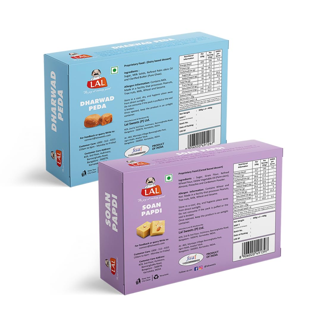 Lal Sweets Dharwad Peda & Soan Papdi Premium, 400 gm Each - Combo Pack