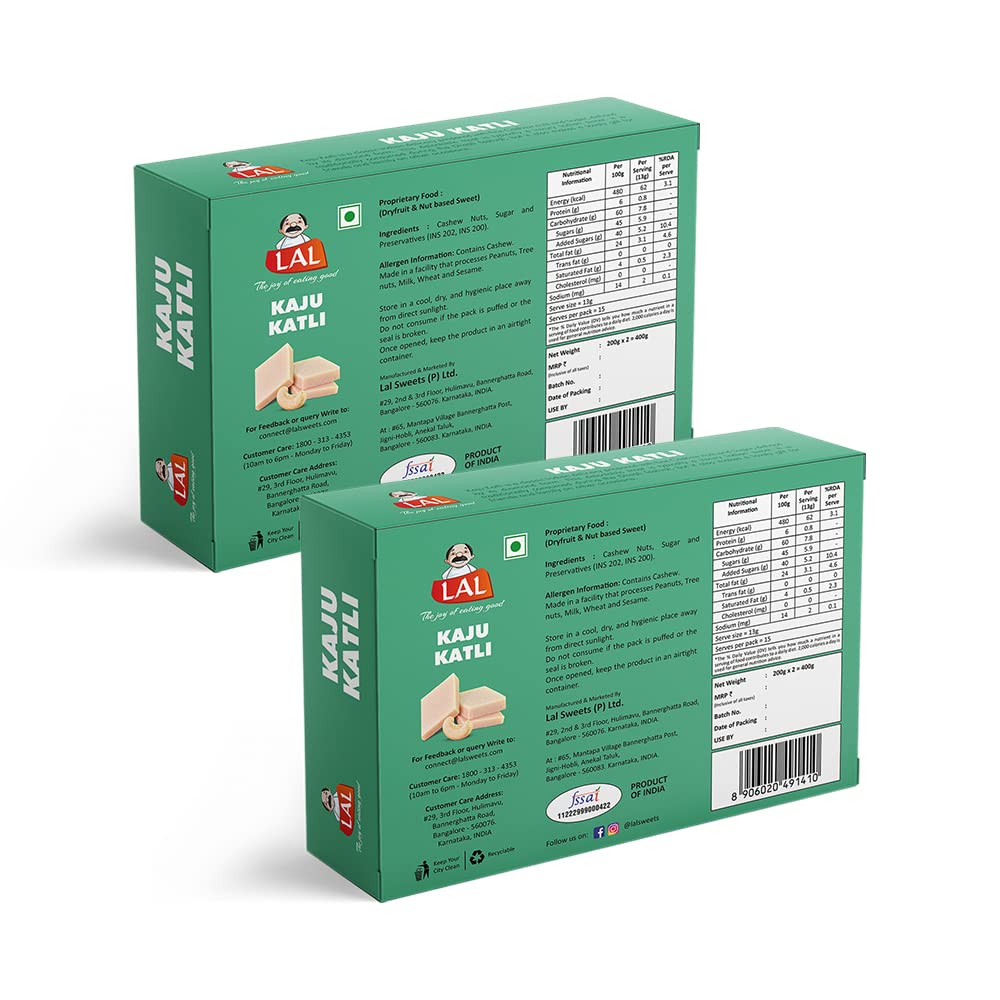 Lal Sweets Kaju Katli Premium, 400 gm - Pack of 2
