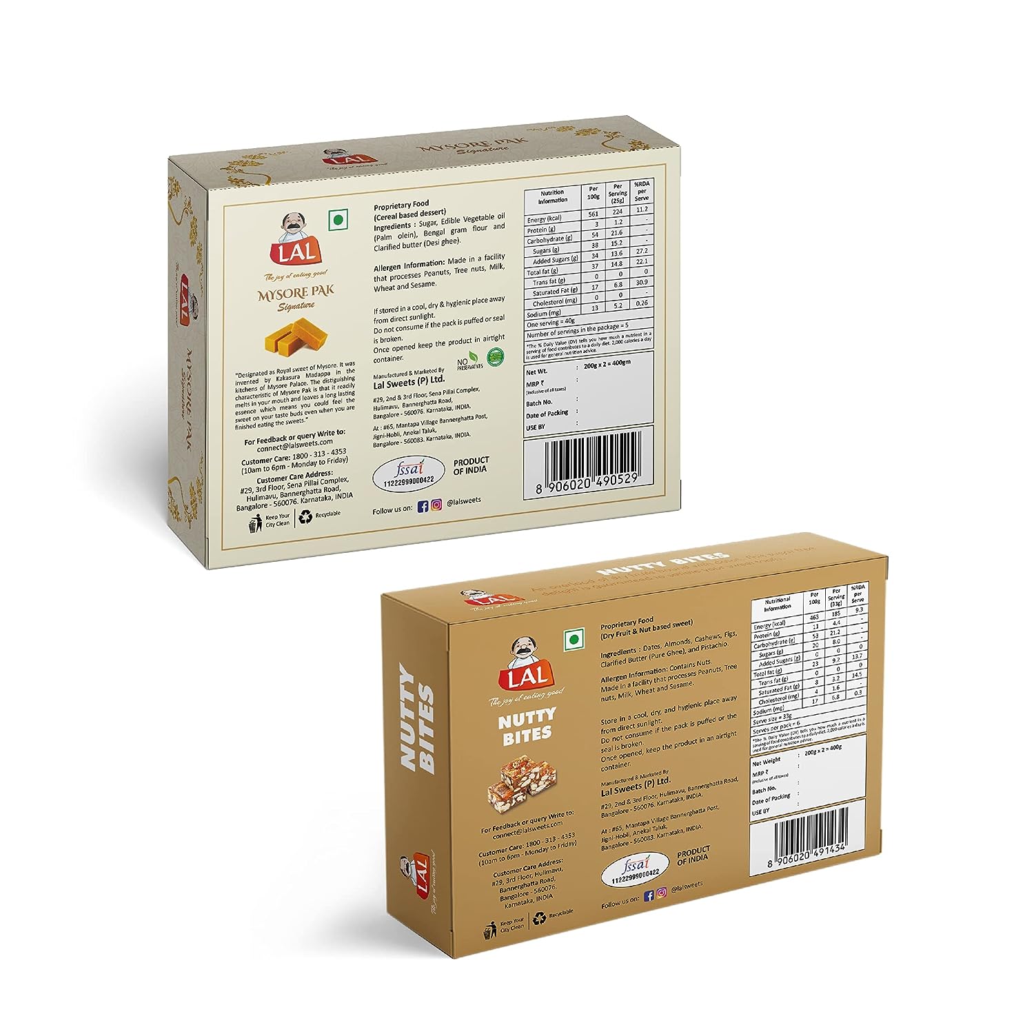 Lal Sweets  Mysore Pak Signature & Sugarless Nutty Bites, 400 gm Each - Combo Pack