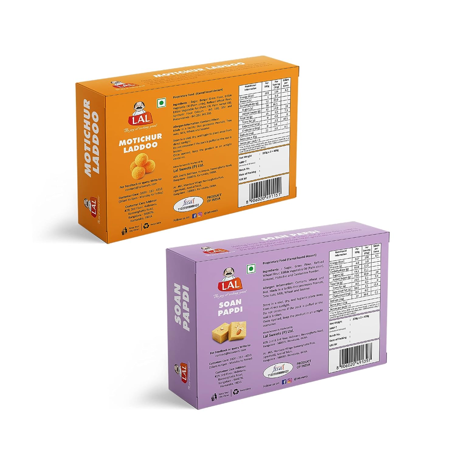 Lal Sweets Soan Papdi Premium & Motichur Laddoo, 400 gm Each - Combo Pack