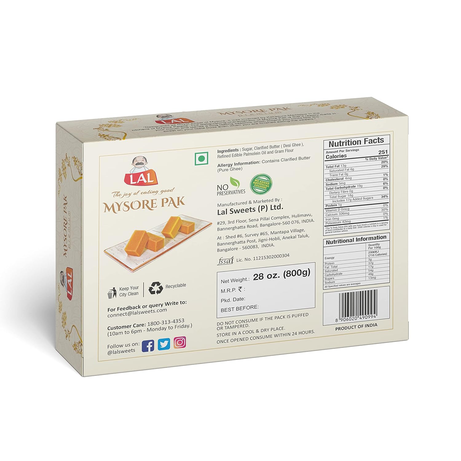 Lal Sweets Mysore Pak Signature, 800 gm