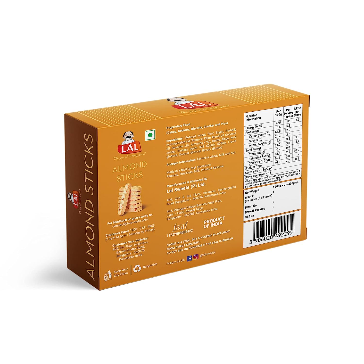 Lal Sweets Almond Sticks Cookies, 400 gm