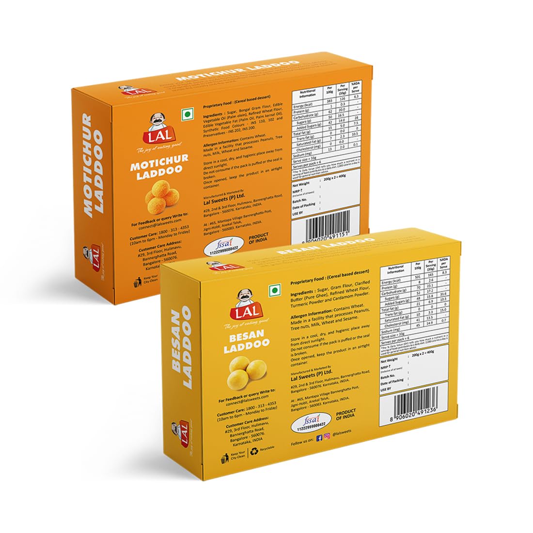 Lal Sweets Besan Laddoo Premium & Motichur Laddoo, 400 gm Each - Combo Pack