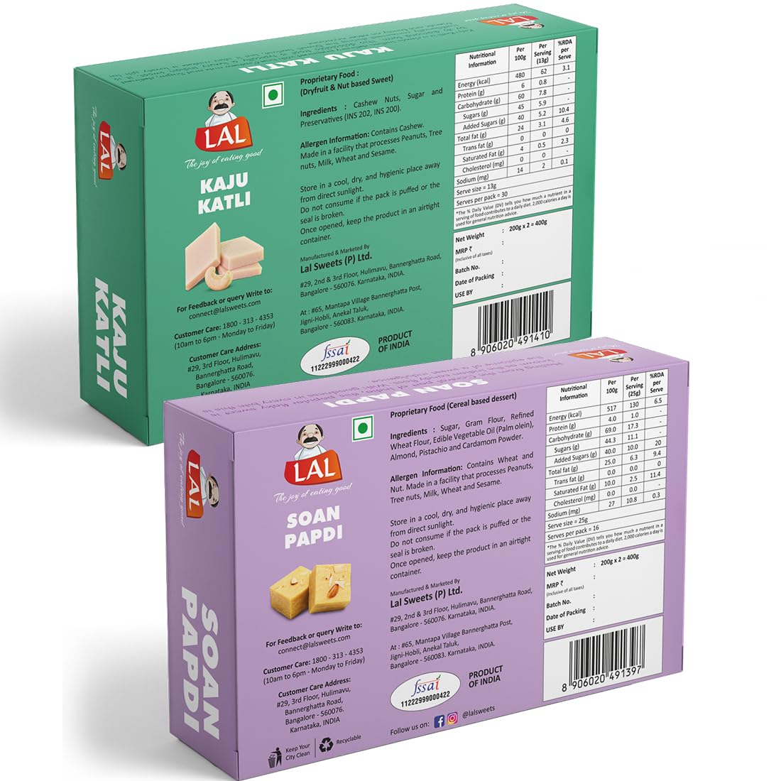 Lal Sweets  Kaju Katli & Soan Papdi Premium, 400 gm Each - Combo Pack