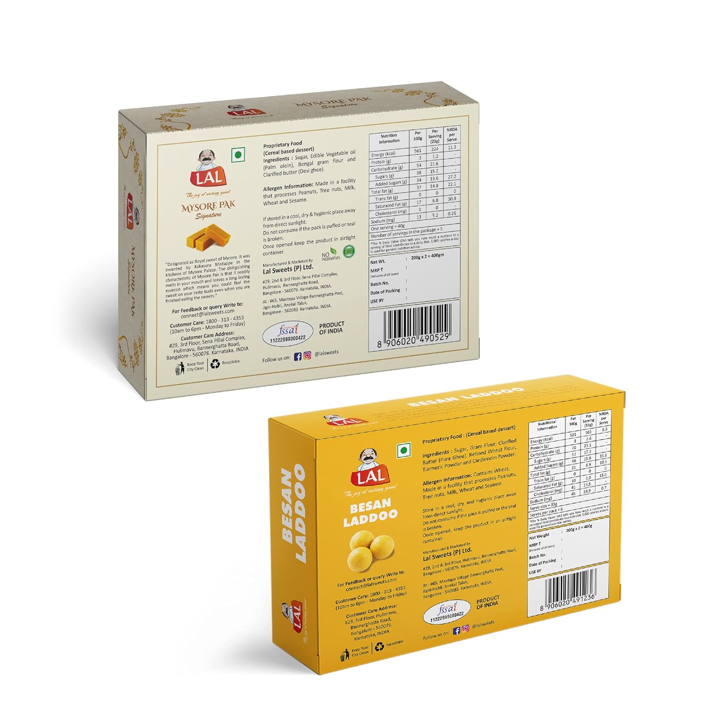 Lal Sweets Mysore Pak Signature & Besan Laddoo Premium, 400 gm Each - Combo Pack