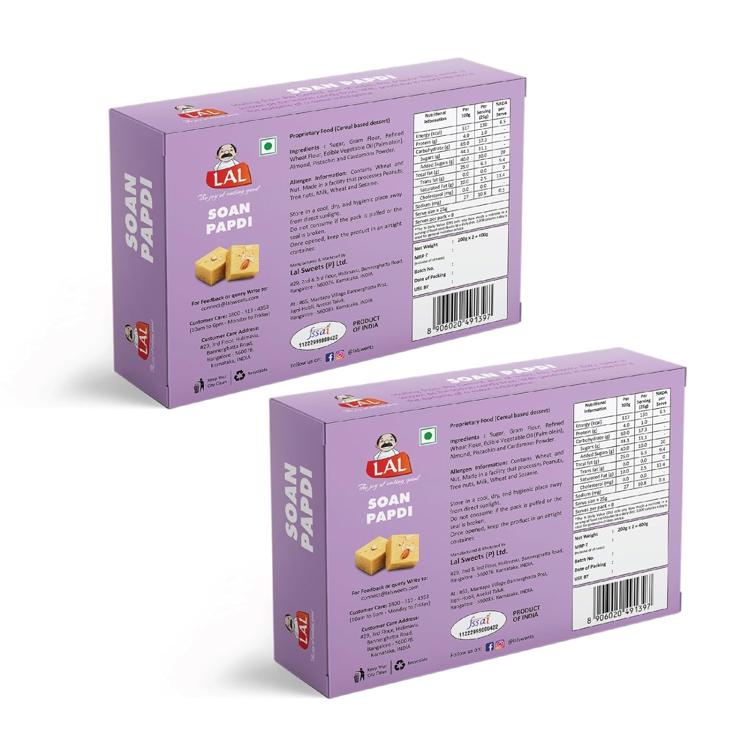 Lal Sweets Soan Papdi Premium, 400 gm - Pack of 2