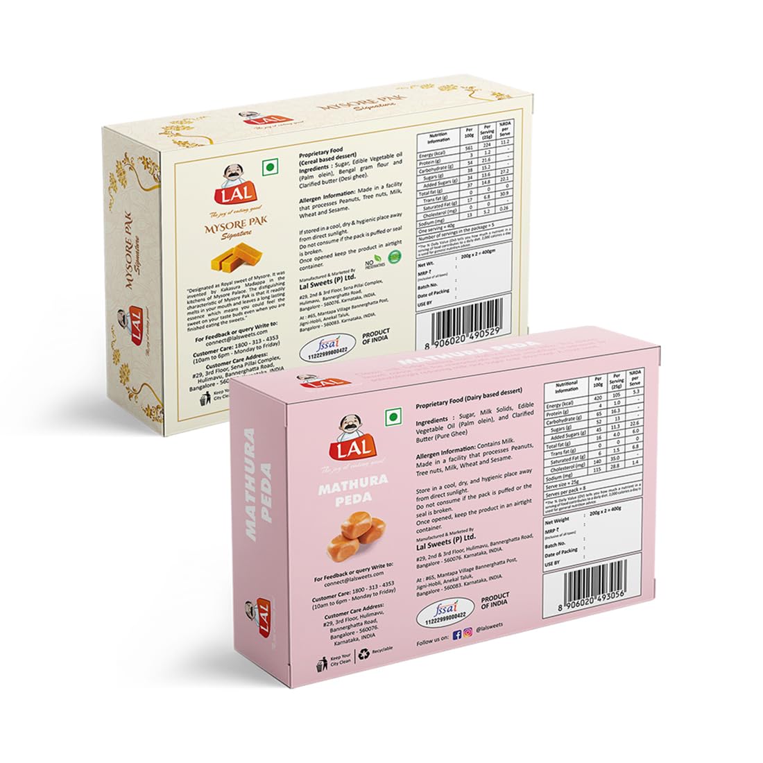 Lal Sweets  Mysore Pak & Mathura Peda, 400 gm Each - Combo Pack