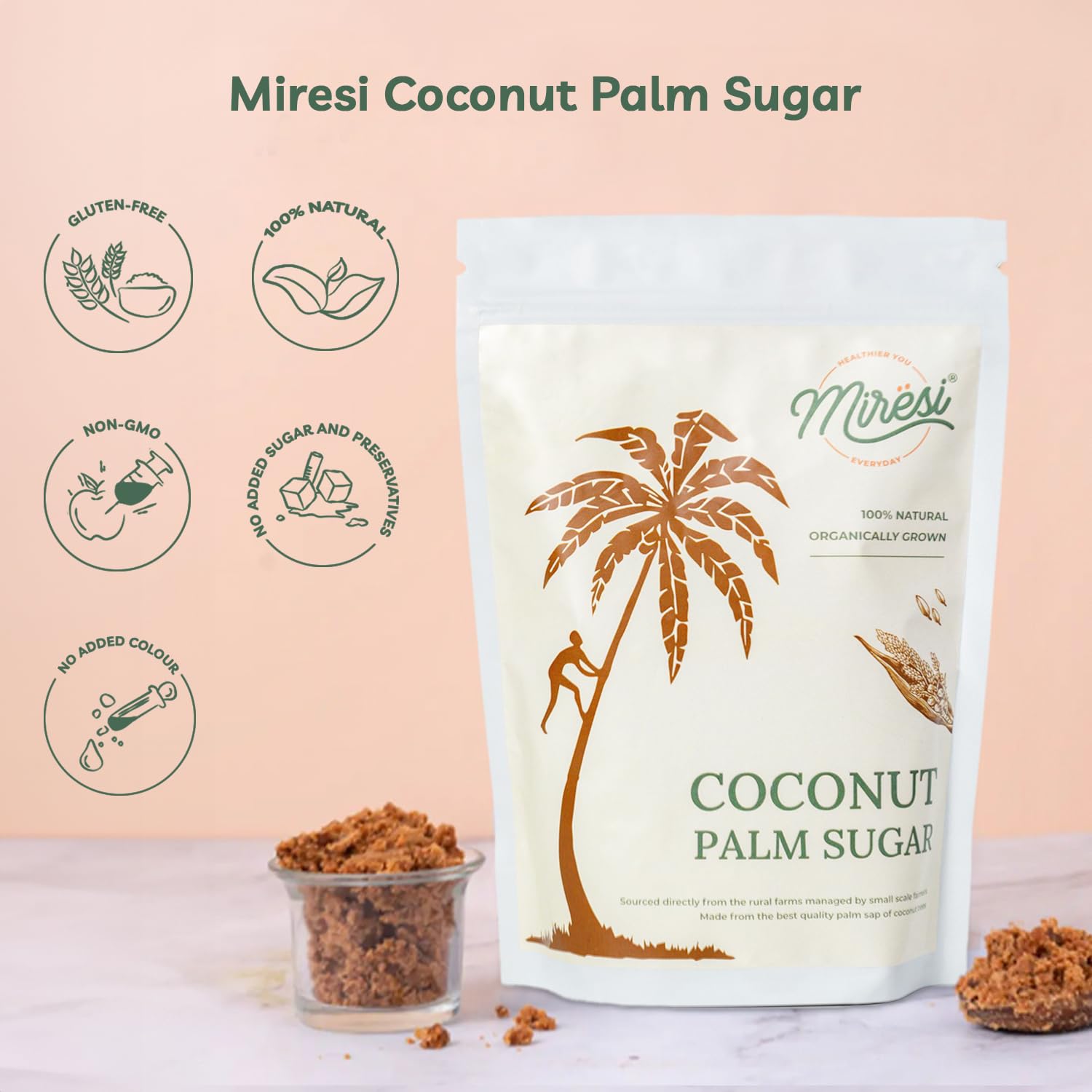 Miresi Natural & Organic Coconut Palm Sugar - 100% Pure, Unrefined, Traditional Sweetener, Sugar Alternative, No Preservatives, 350 gm