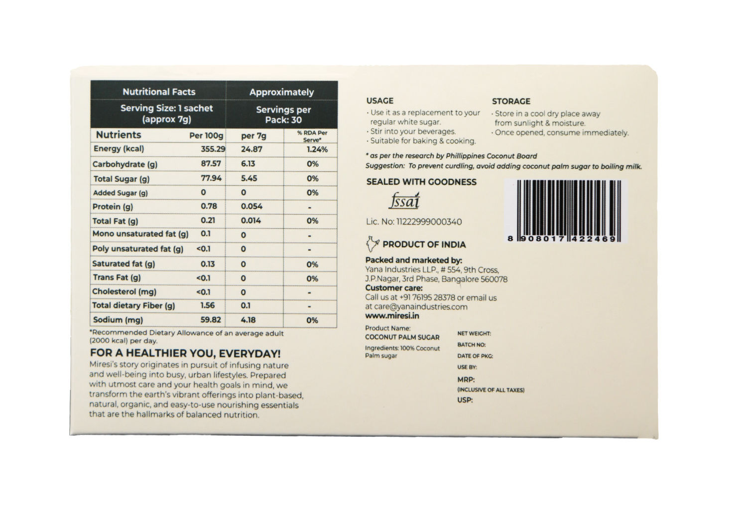 Miresi Natural & Organic Coconut Palm Sugar - 100% Pure, Unrefined, Traditional Sweetener, Sugar Alternative, No Preservatives, 210 gm